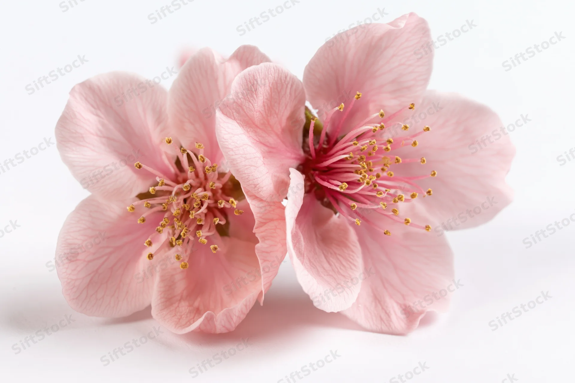 Two peach blossom flowers clustered together on a white background