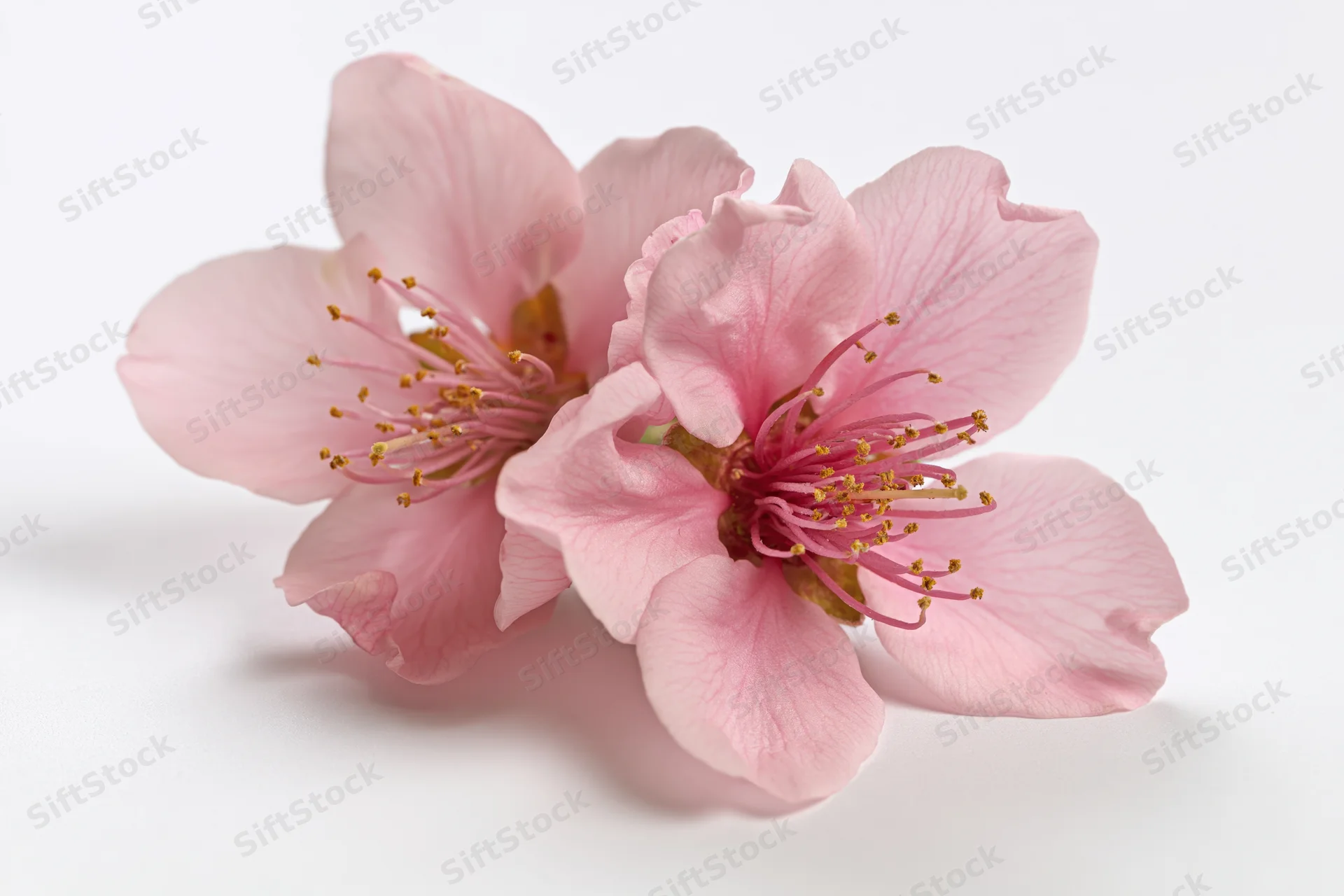 Two peach blossom flowers clustered together on a white background