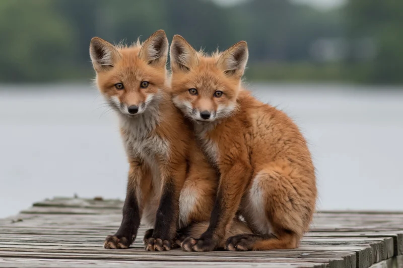 Two red fox kits sitting together on a weathered wooden dock by water