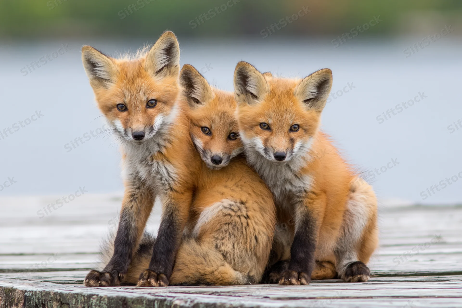 Three red fox kits sitting together on a weathered wooden dock