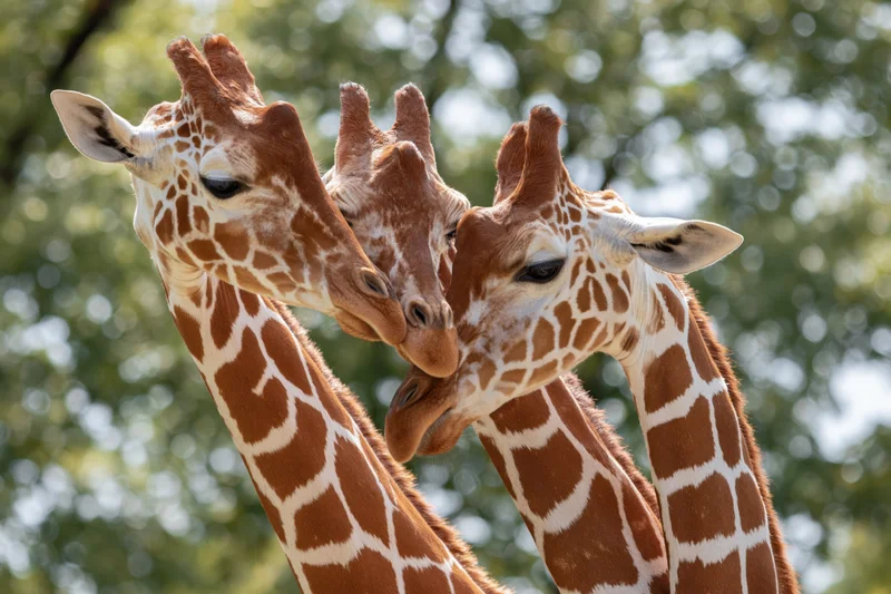 Three reticulated giraffes with necks crossing in a close interaction outdoors