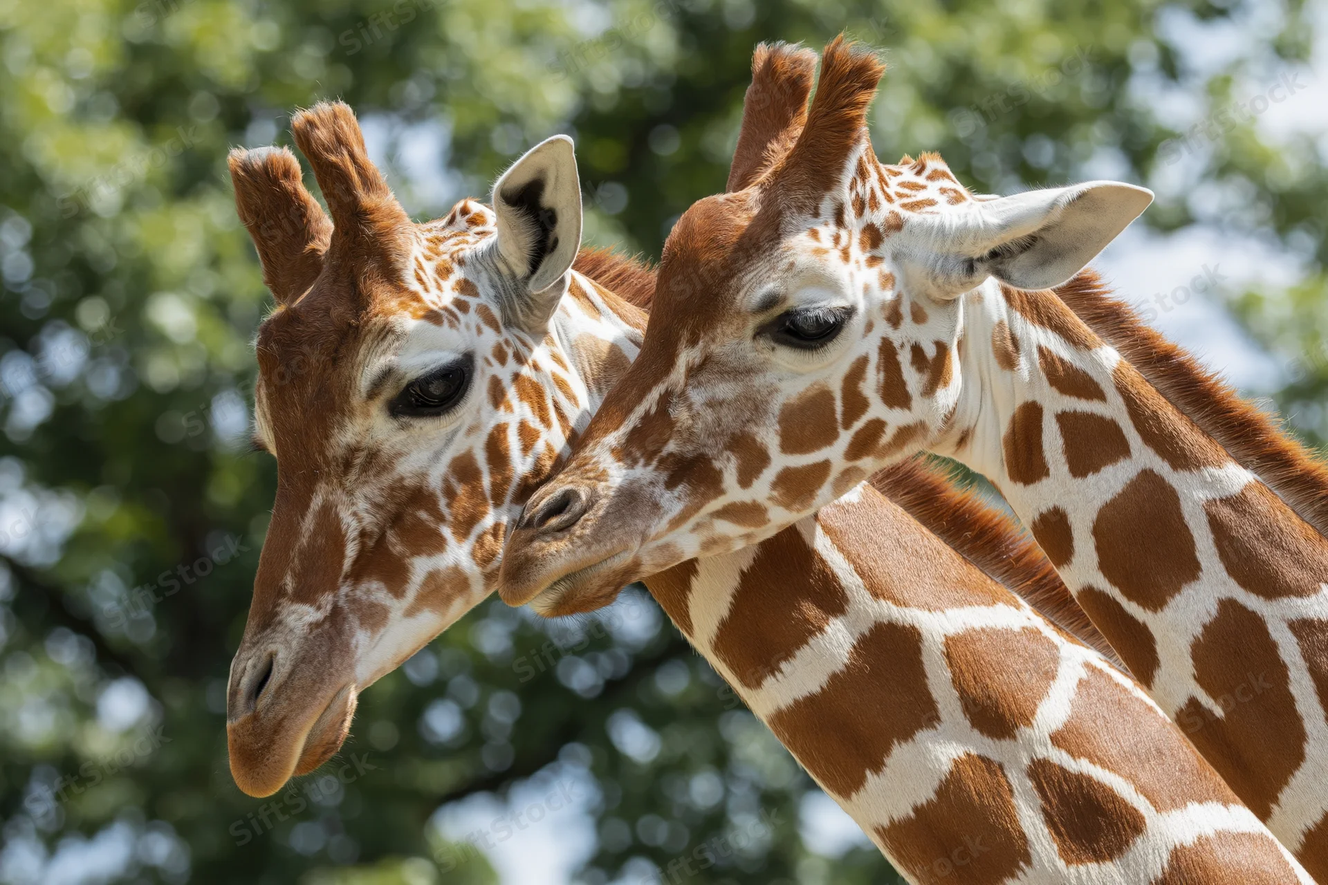 Two reticulated giraffes with necks crossing in a close portrait against green foliage