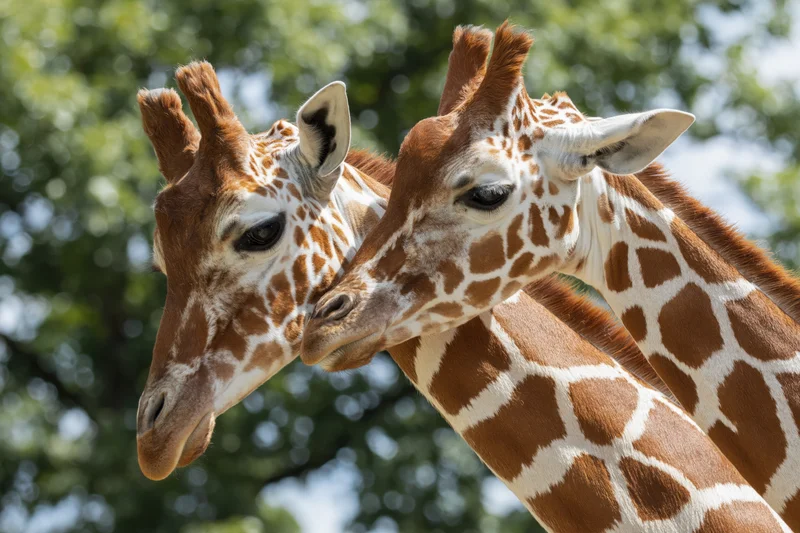 Two reticulated giraffes with necks crossing in a close portrait against green foliage