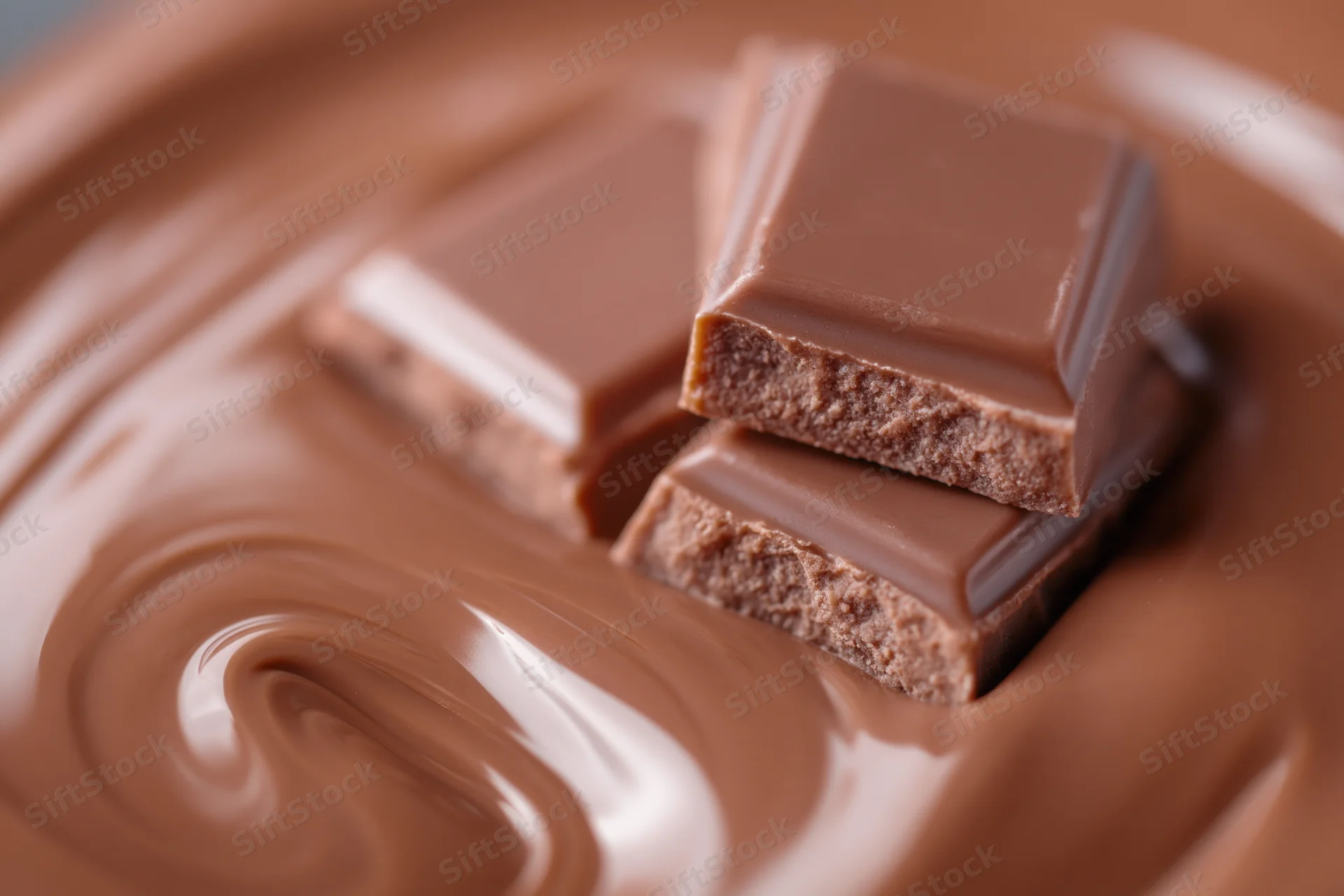 Two milk chocolate squares resting on a swirling pool of melted chocolate