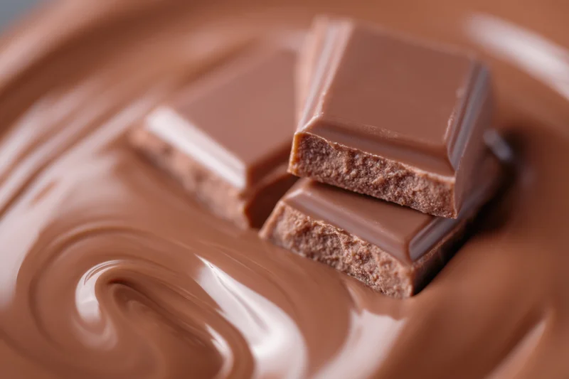 Two milk chocolate squares resting on a swirling pool of melted chocolate