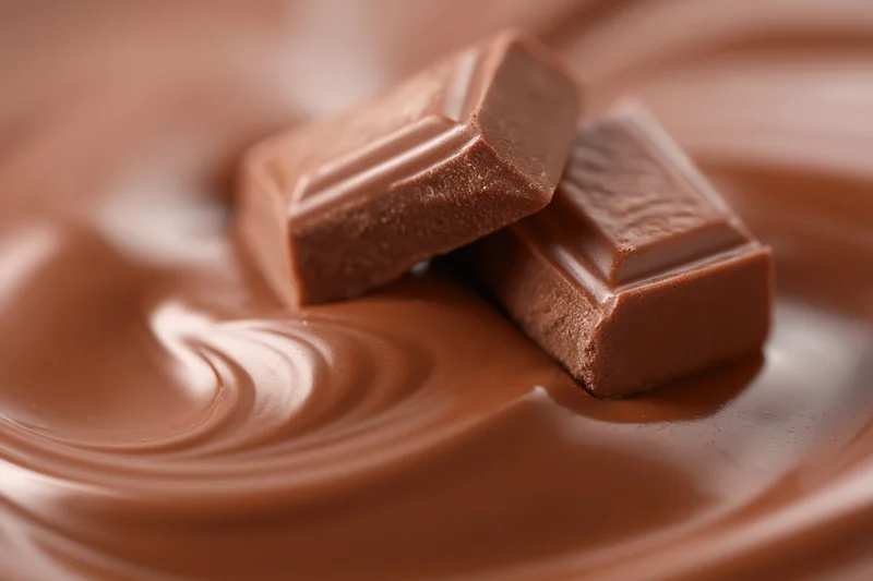Two milk chocolate squares resting on a swirling pool of melted chocolate