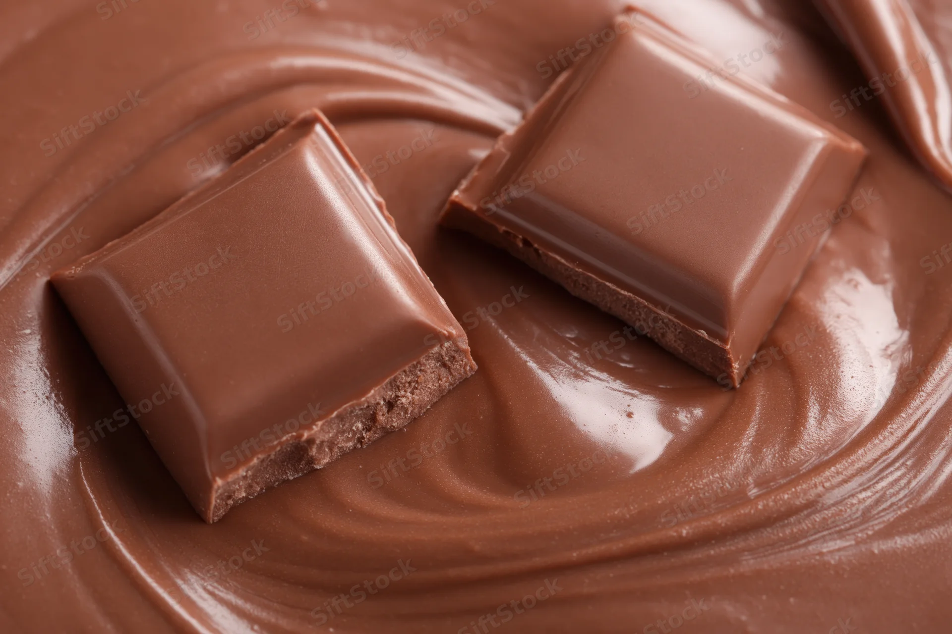 Two milk chocolate squares resting on a swirling pool of melted chocolate