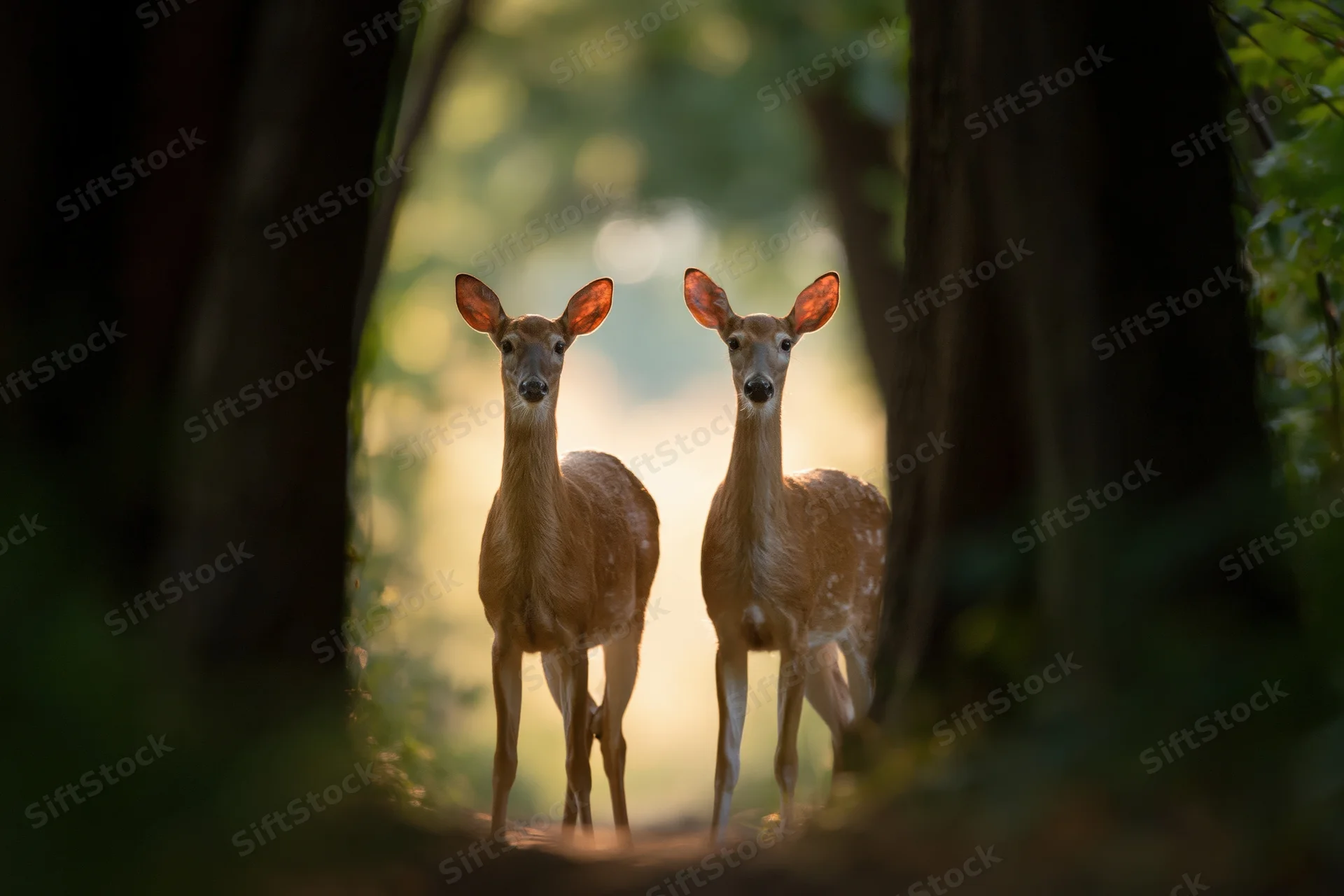 Two white-tailed deer standing alert on a forest path between trees