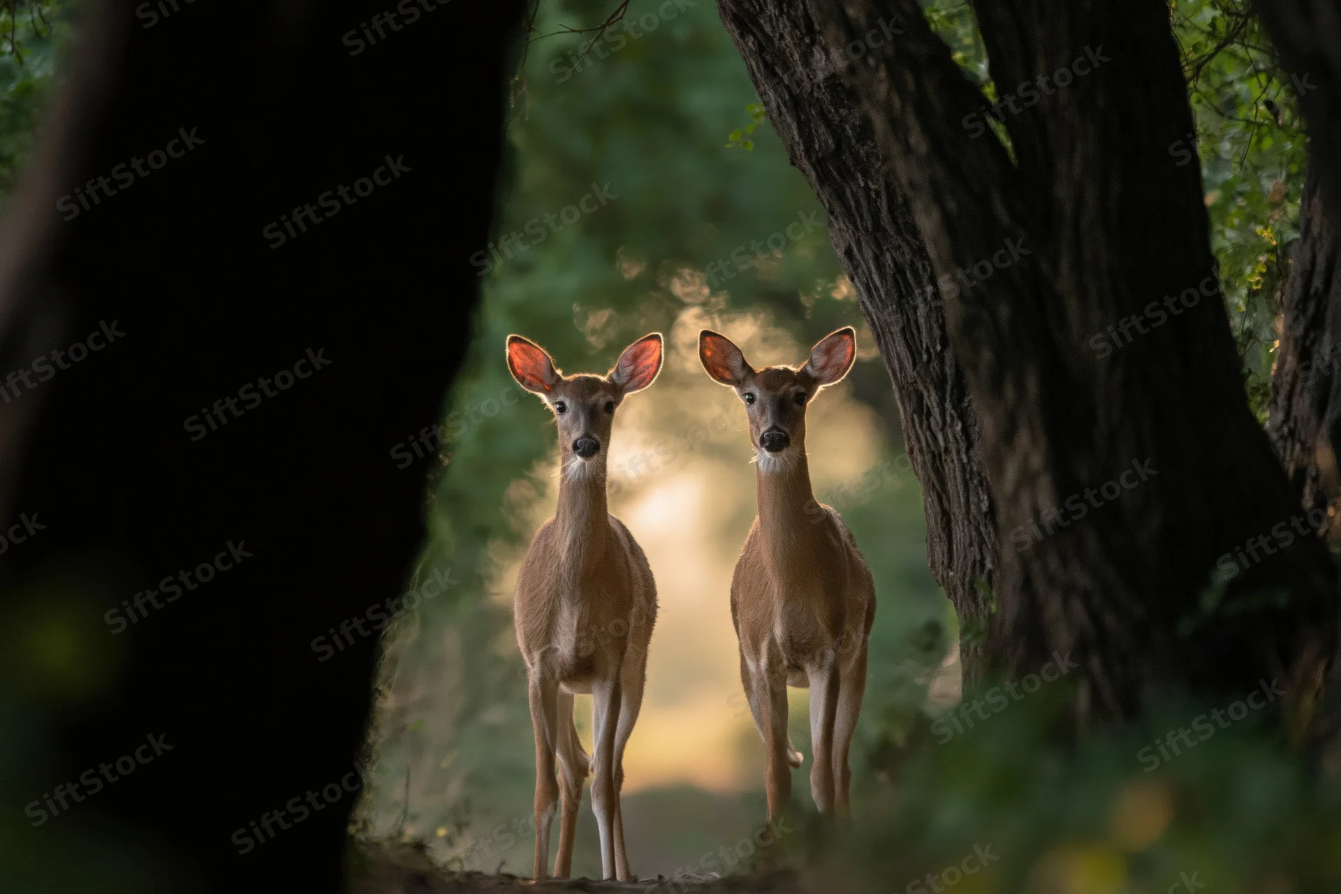 Two white-tailed deer standing alert on a forest path between trees