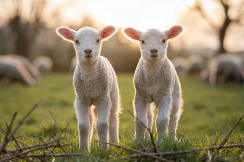 Two young white lambs standing side by side in a green pasture at sunrise