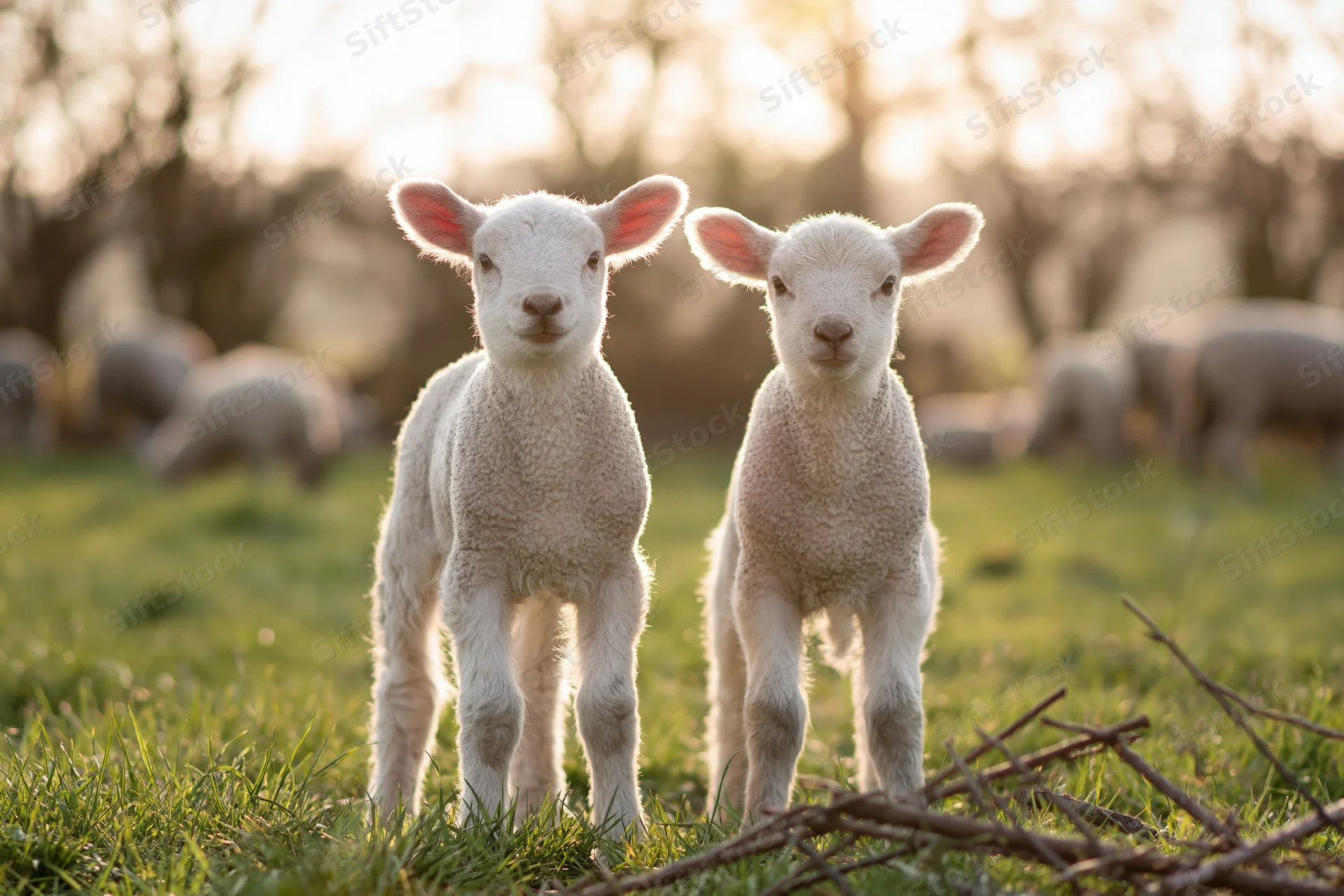 Two young white lambs standing side by side in a green pasture at sunrise