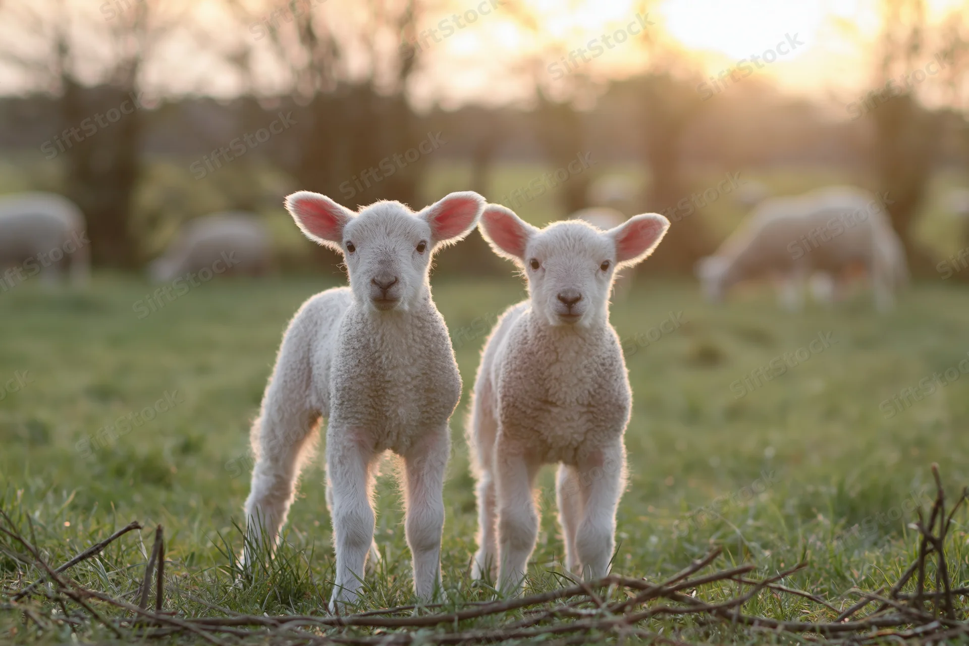 Two young white lambs standing side by side in a green pasture at sunrise