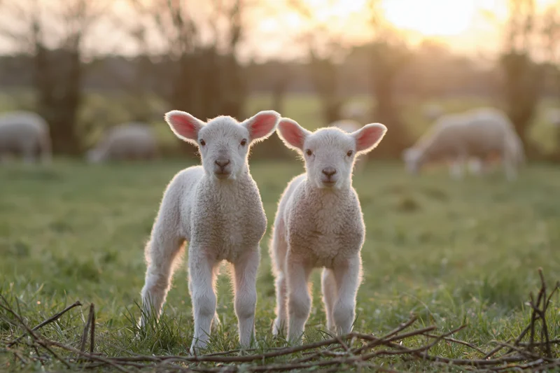 Two young white lambs standing side by side in a green pasture at sunrise