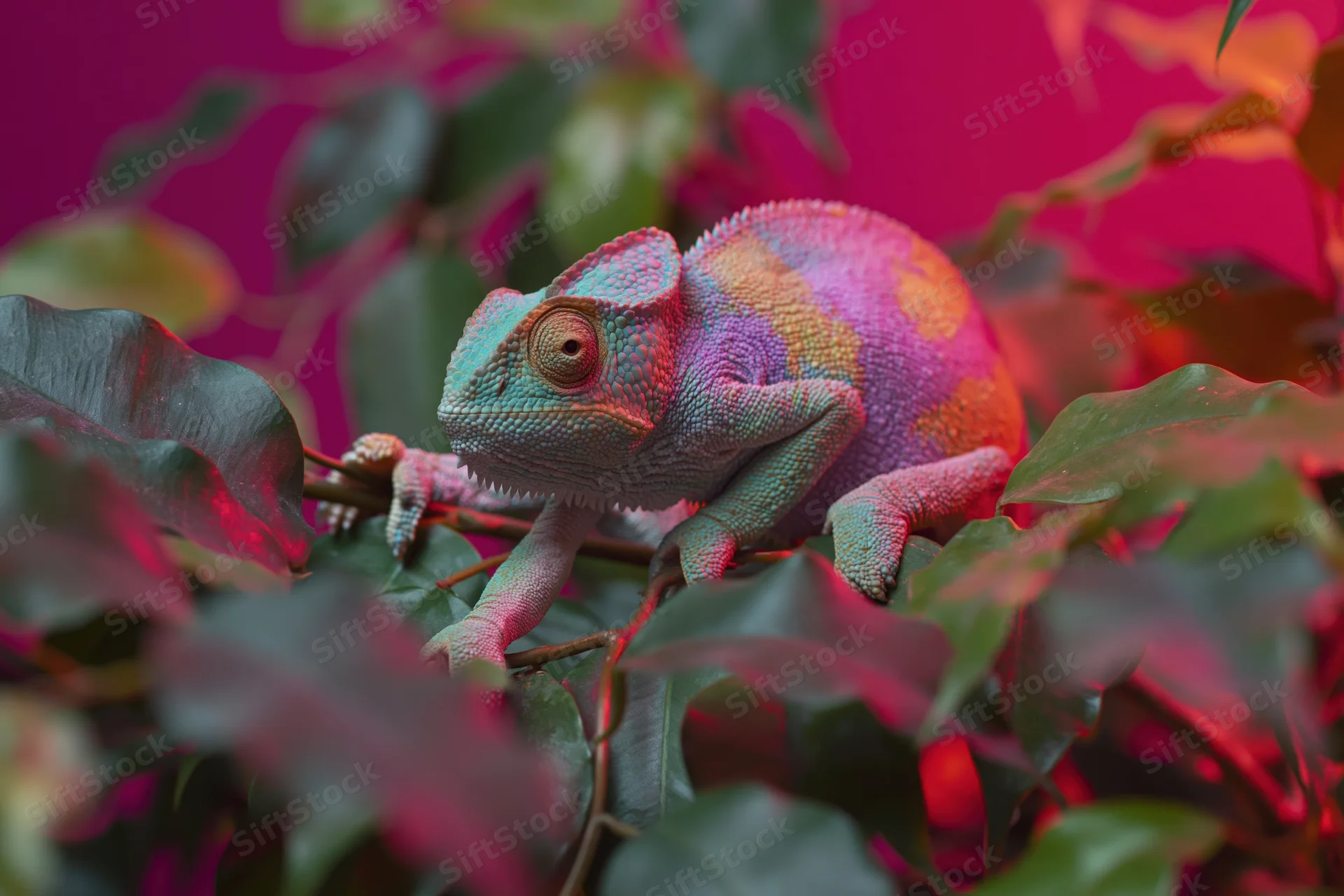 Veiled chameleon perched on a branch among dense tropical leaves under pink lighting