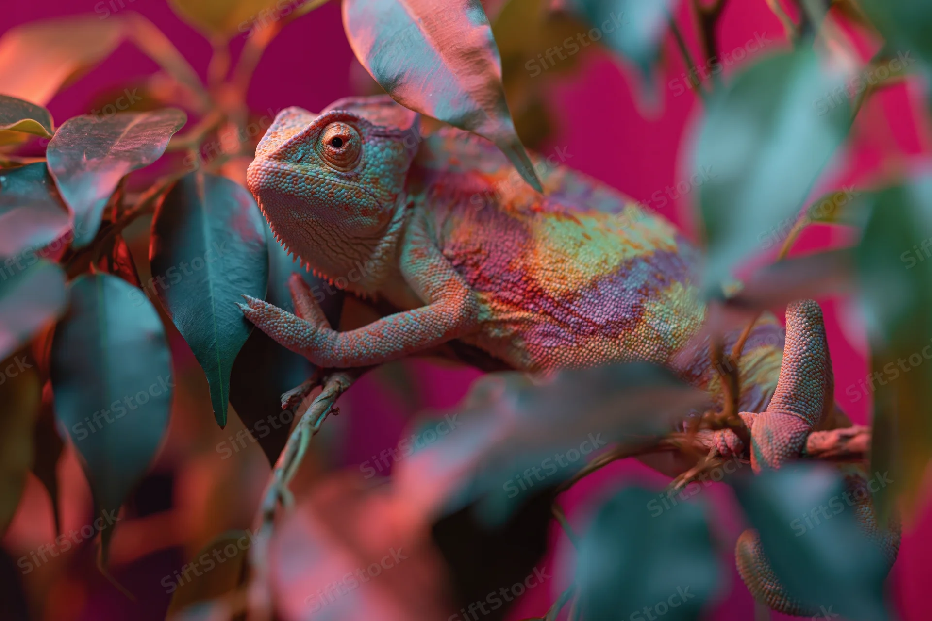 Veiled chameleon perched on a branch among dense tropical leaves