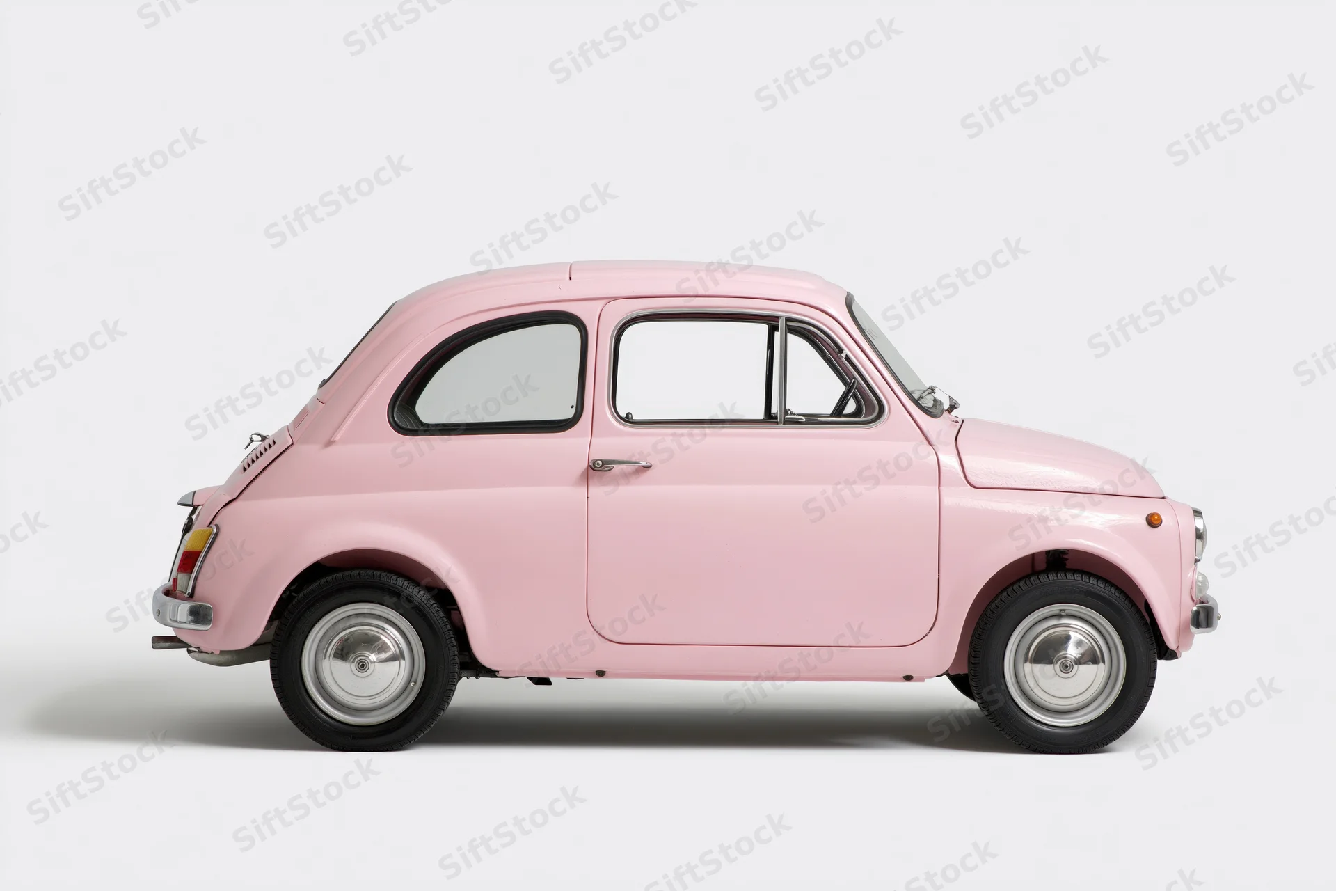 Vintage pink italian compact car in side profile against white background