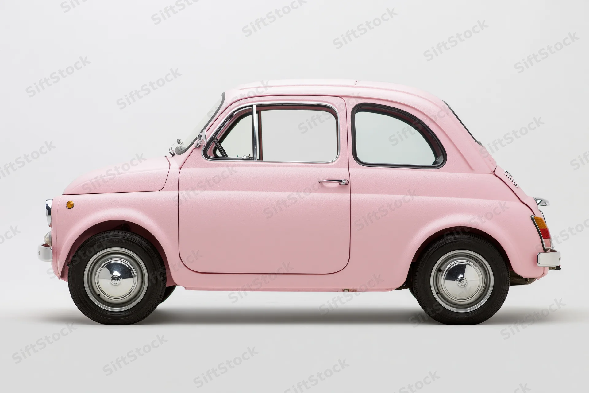 Vintage pink italian compact car shown in side profile against white background