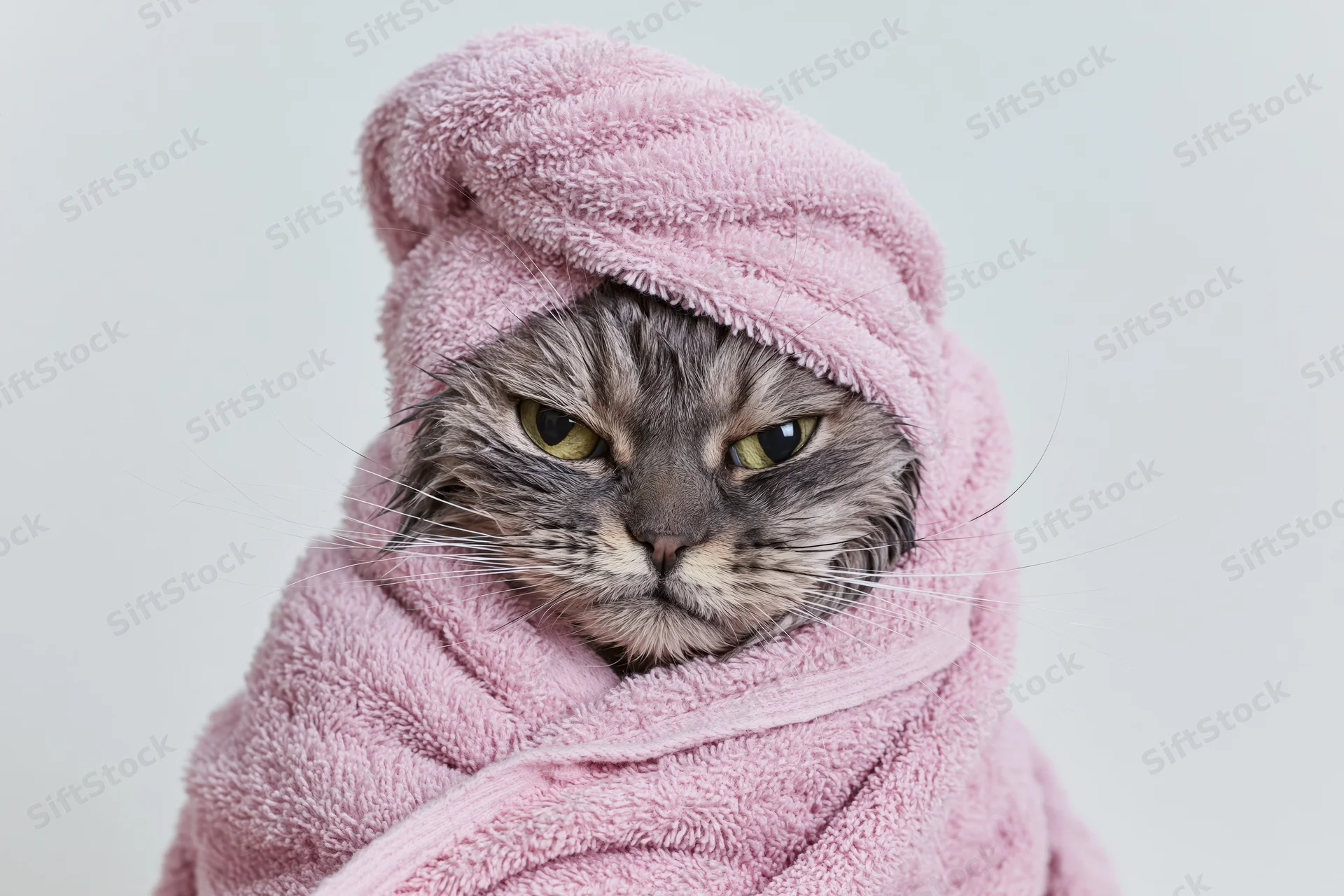 Wet grey tabby cat wrapped in pink towel against white background