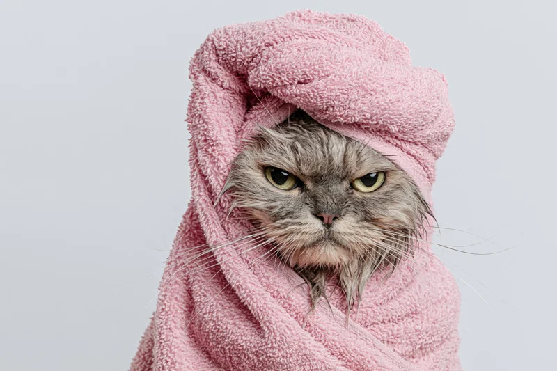 Wet grey tabby cat wrapped in pink towel against white background