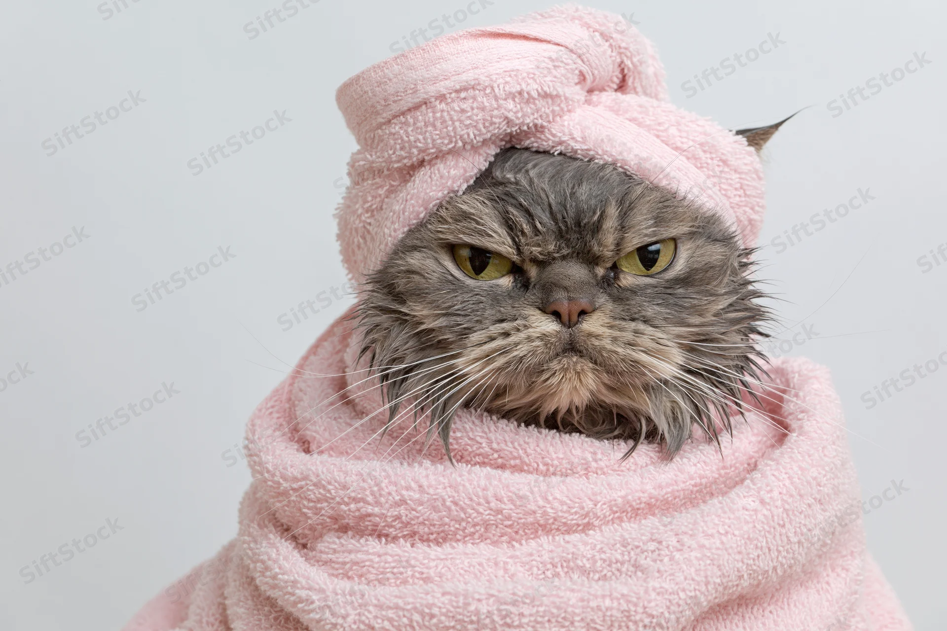 Wet grey tabby cat wrapped in pink towel with grumpy expression against white background