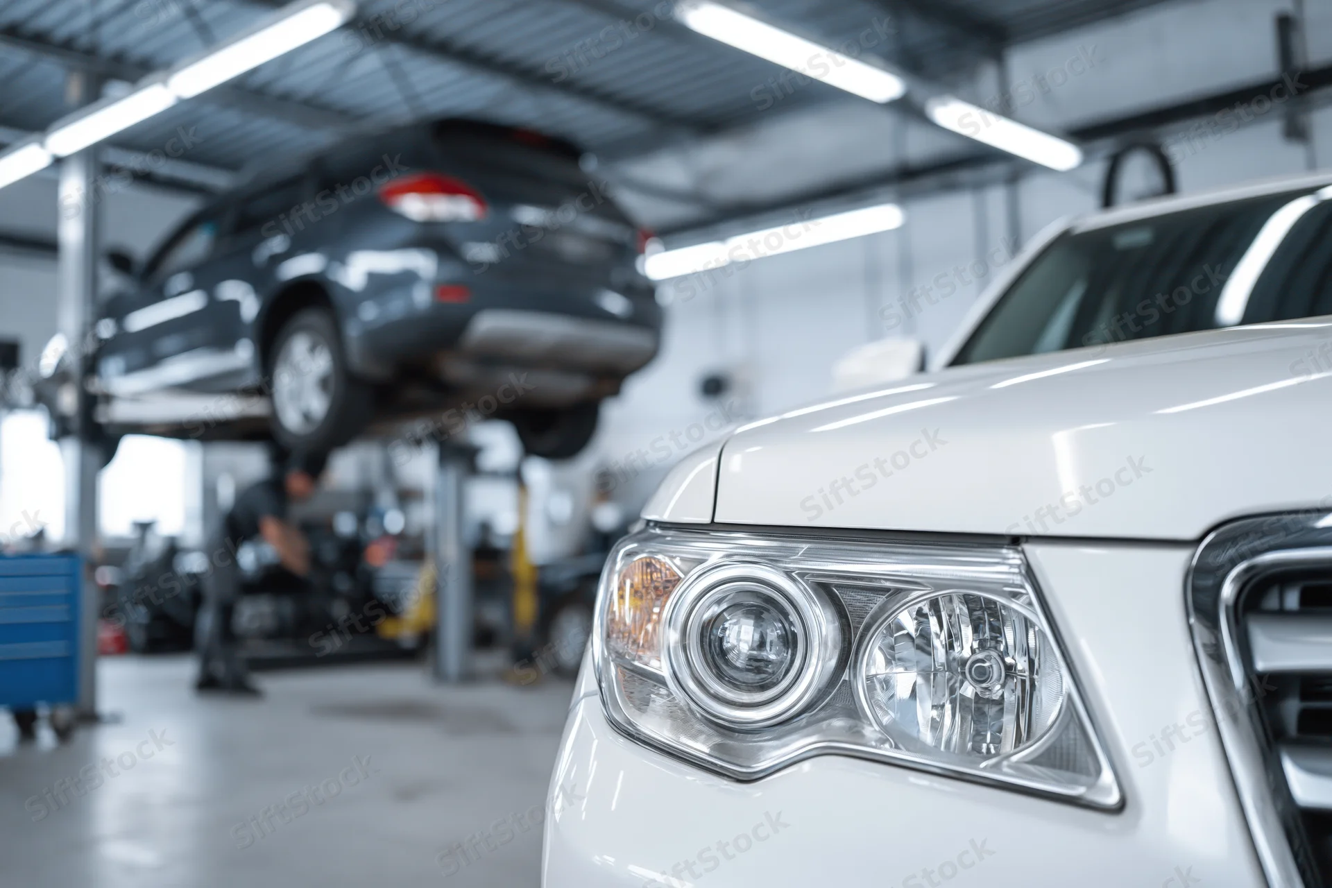 White suv front end in focus with headlight prominent in foreground of auto repair garage