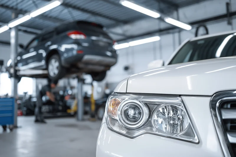 White suv front end in focus with headlight prominent in foreground of auto repair garage