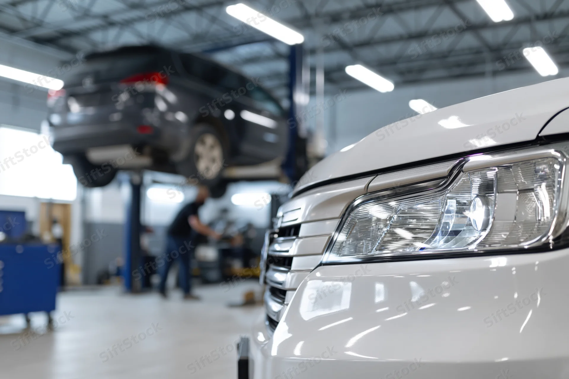 White suv front end in focus with headlight and grille in foreground, mechanic working on elevated vehicle in background garage