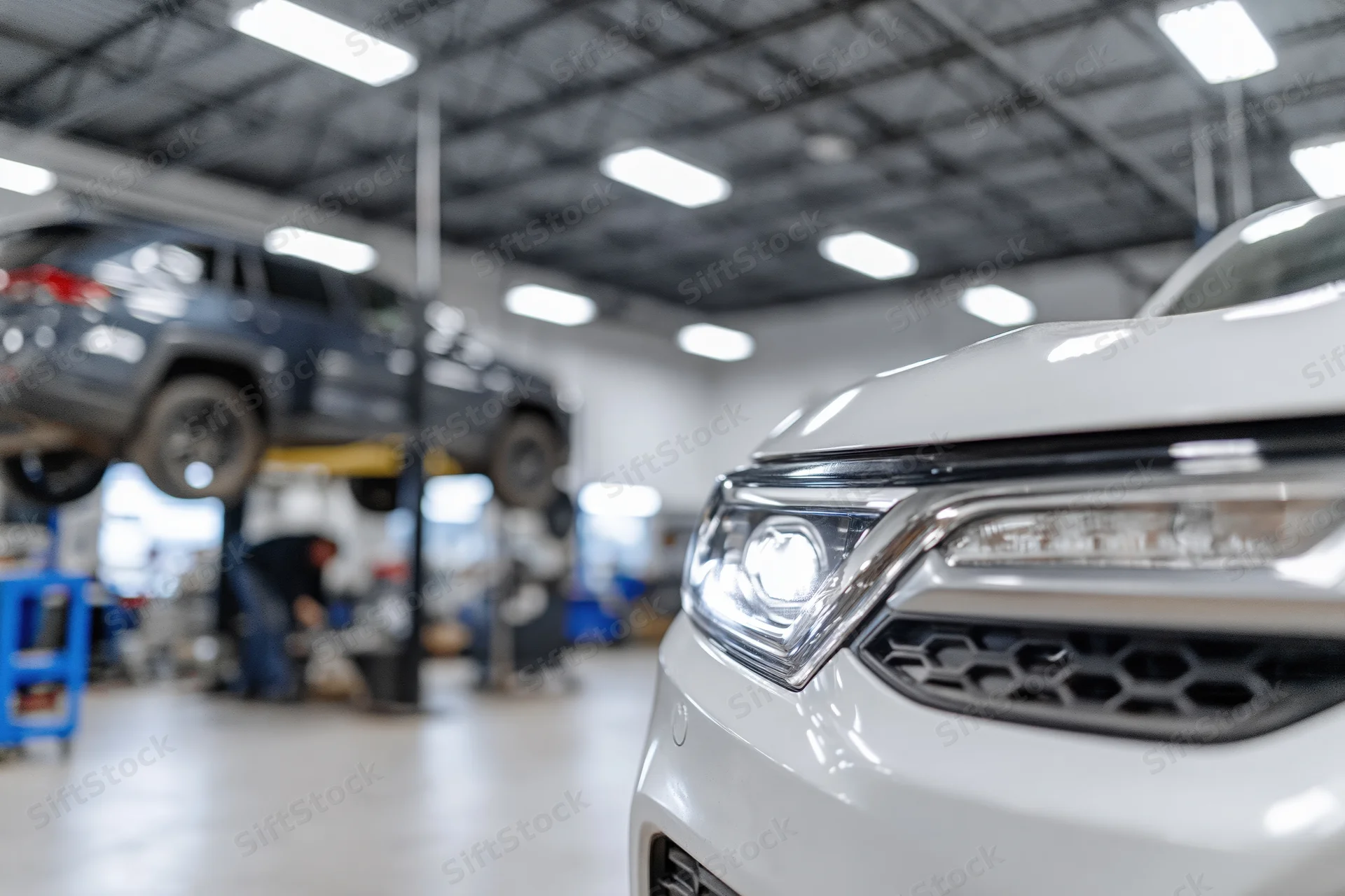 White suv front end in focus with mechanic working under lifted truck in background garage