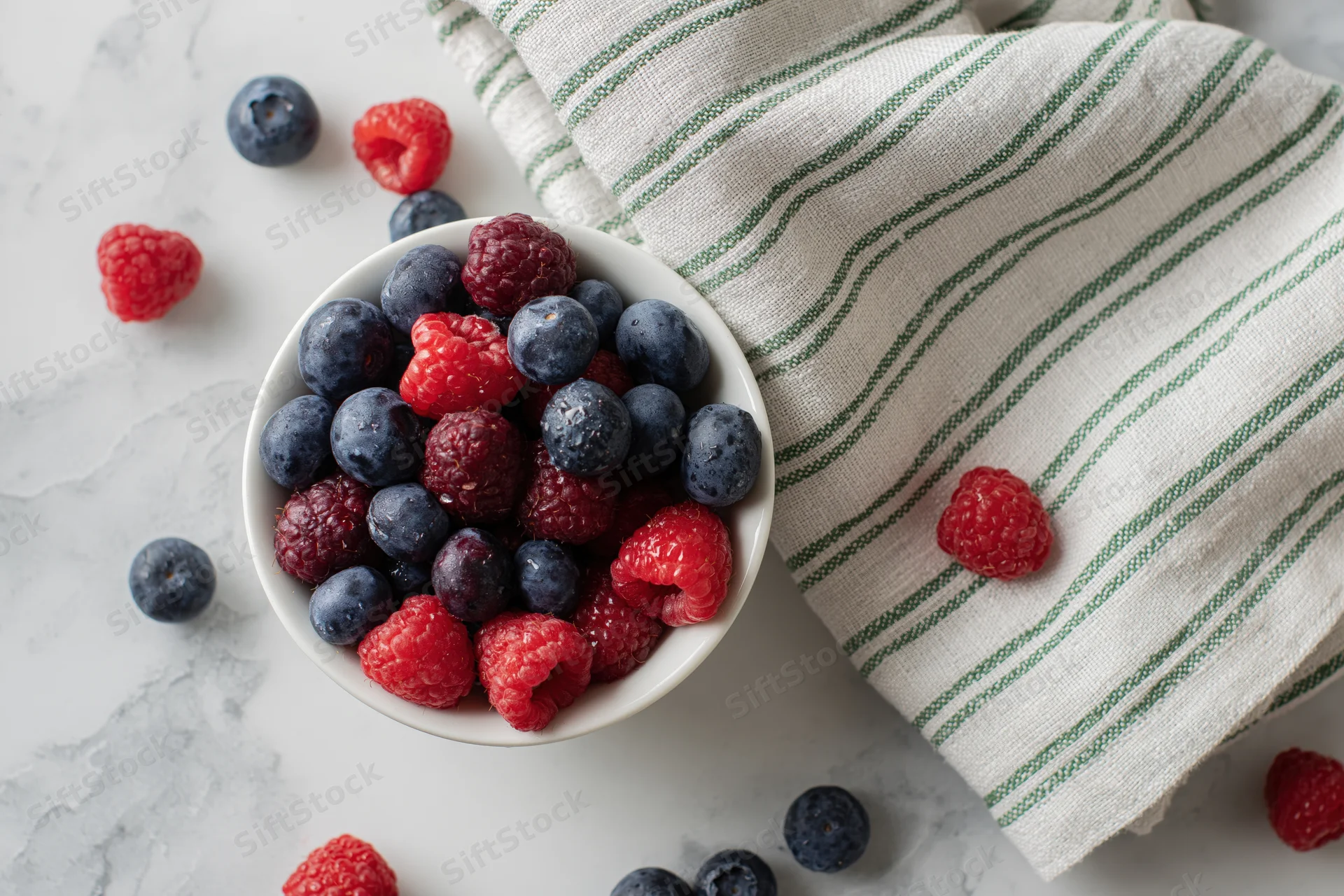 White ceramic bowl filled with fresh blueberries and raspberries on marble surface beside striped cloth