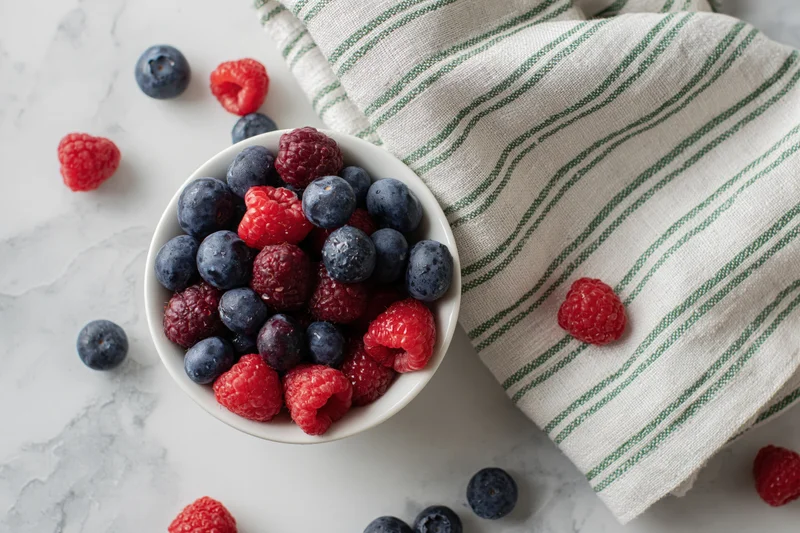 White ceramic bowl filled with fresh blueberries and raspberries on marble surface beside striped cloth