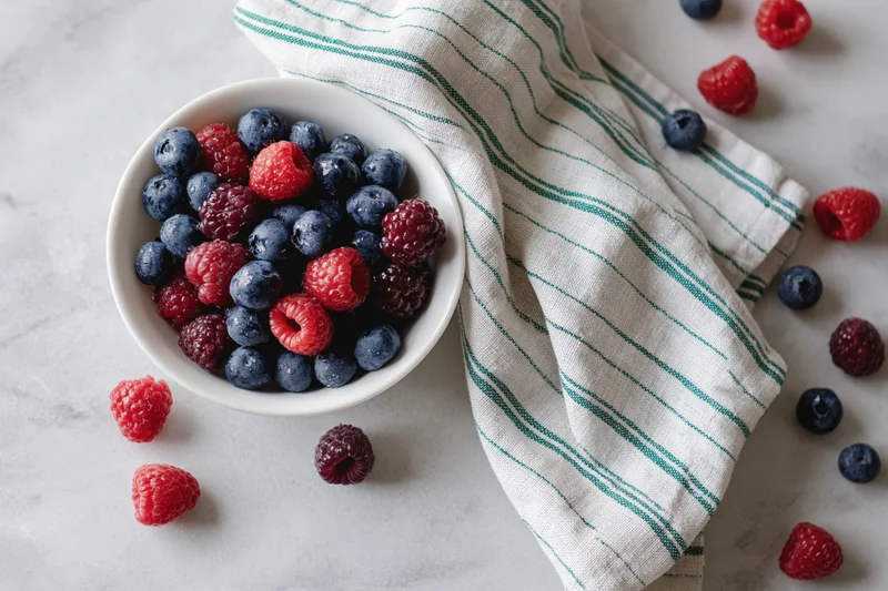 White ceramic bowl filled with fresh blueberries and raspberries on marble countertop beside striped cloth