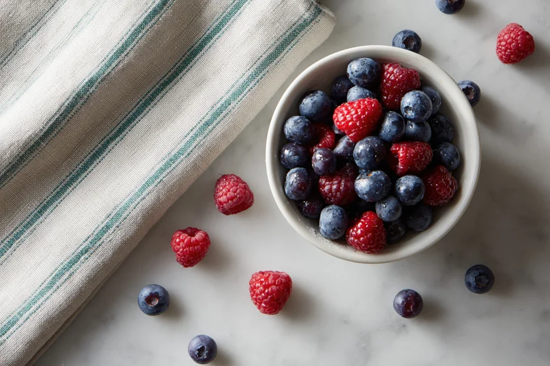 White ceramic bowl filled with fresh blueberries and raspberries on marble countertop beside striped cloth