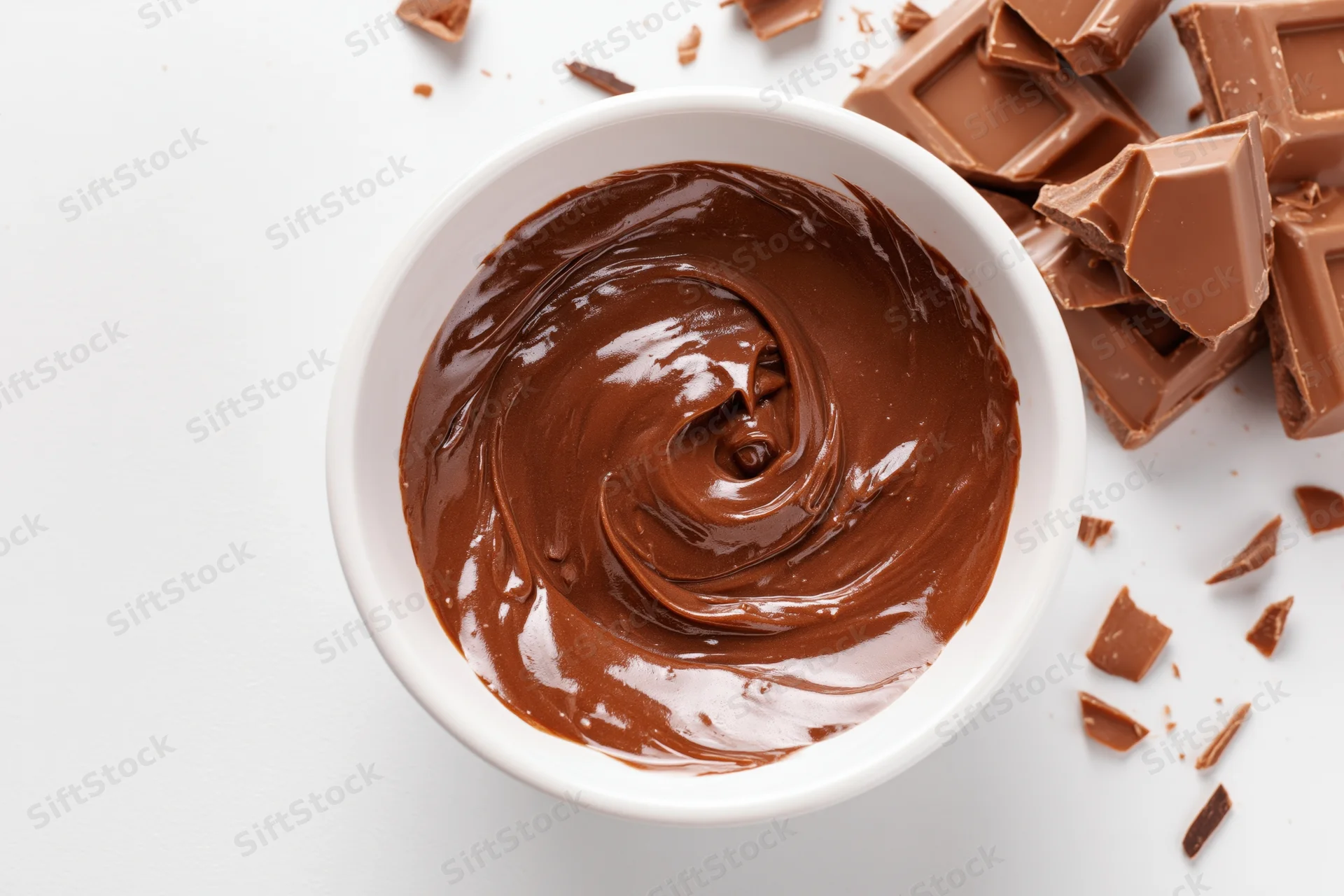 Swirled melted chocolate ganache in a white ceramic bowl with chocolate chunks scattered around on a white surface