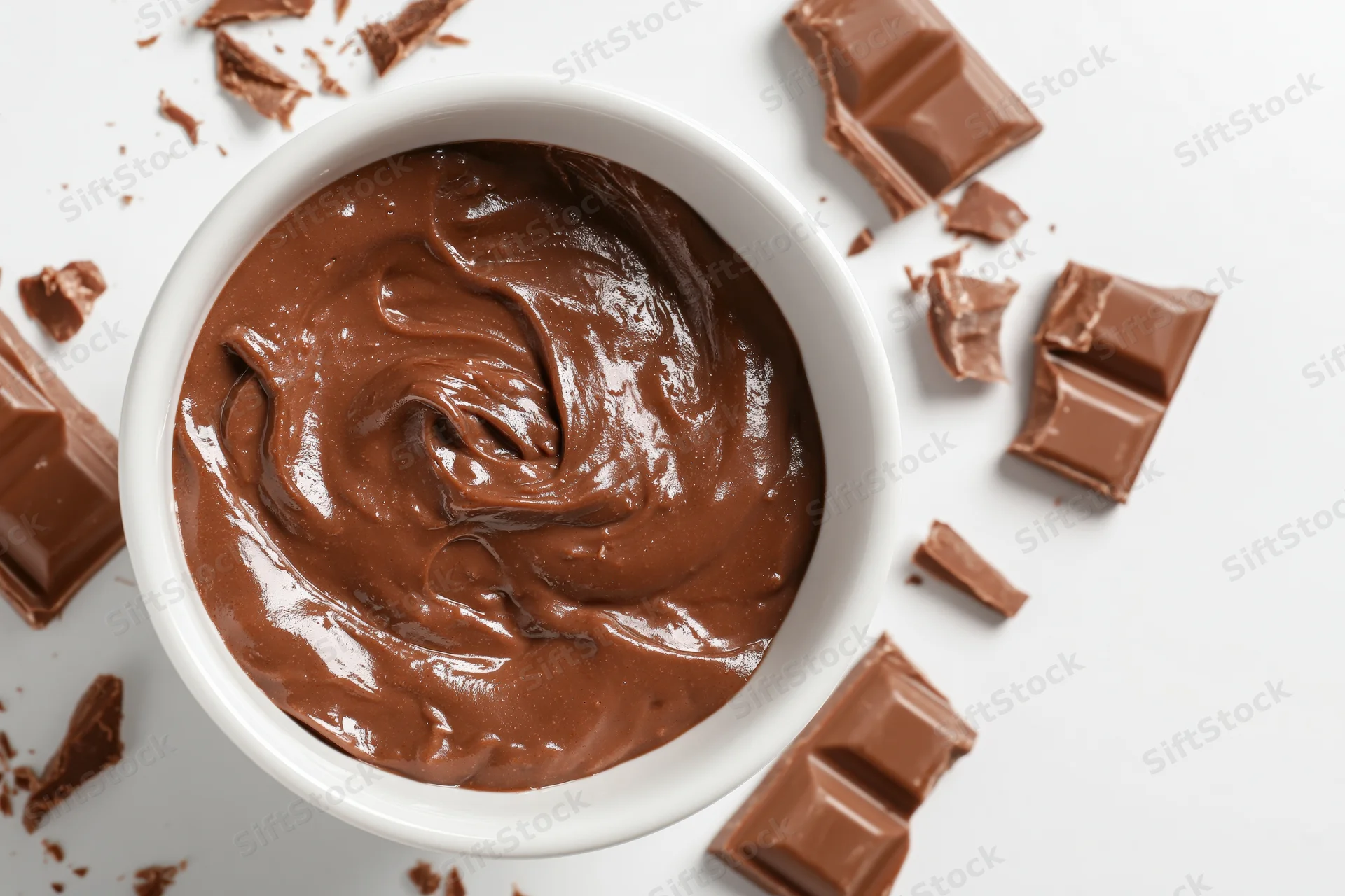 Swirled melted chocolate ganache in a white ceramic bowl surrounded by broken chocolate pieces on a white surface
