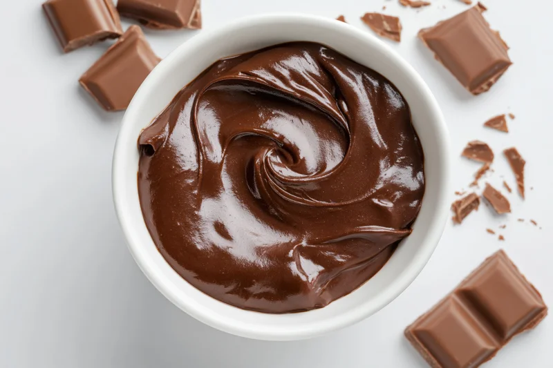 Swirled melted chocolate ganache in a white ceramic bowl surrounded by broken chocolate pieces on a white surface