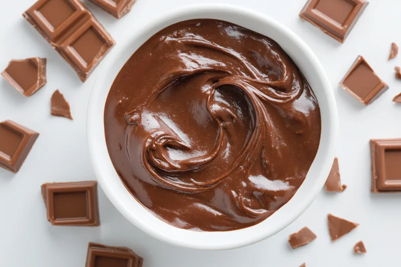 Swirled chocolate ganache in a white ceramic bowl surrounded by chocolate pieces on a white surface