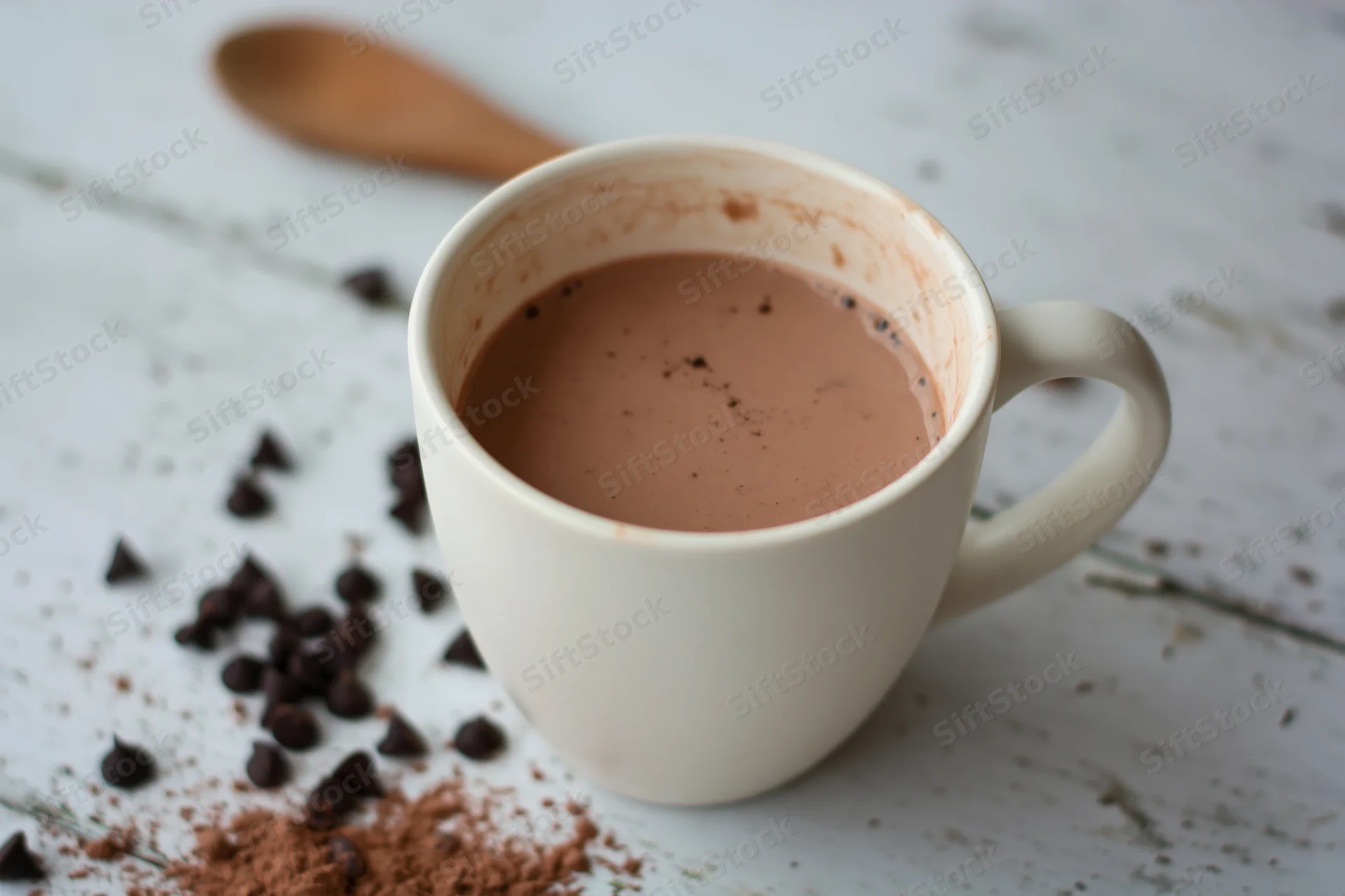 White ceramic mug filled with hot chocolate on a rustic wooden table with scattered chocolate chips and cocoa powder