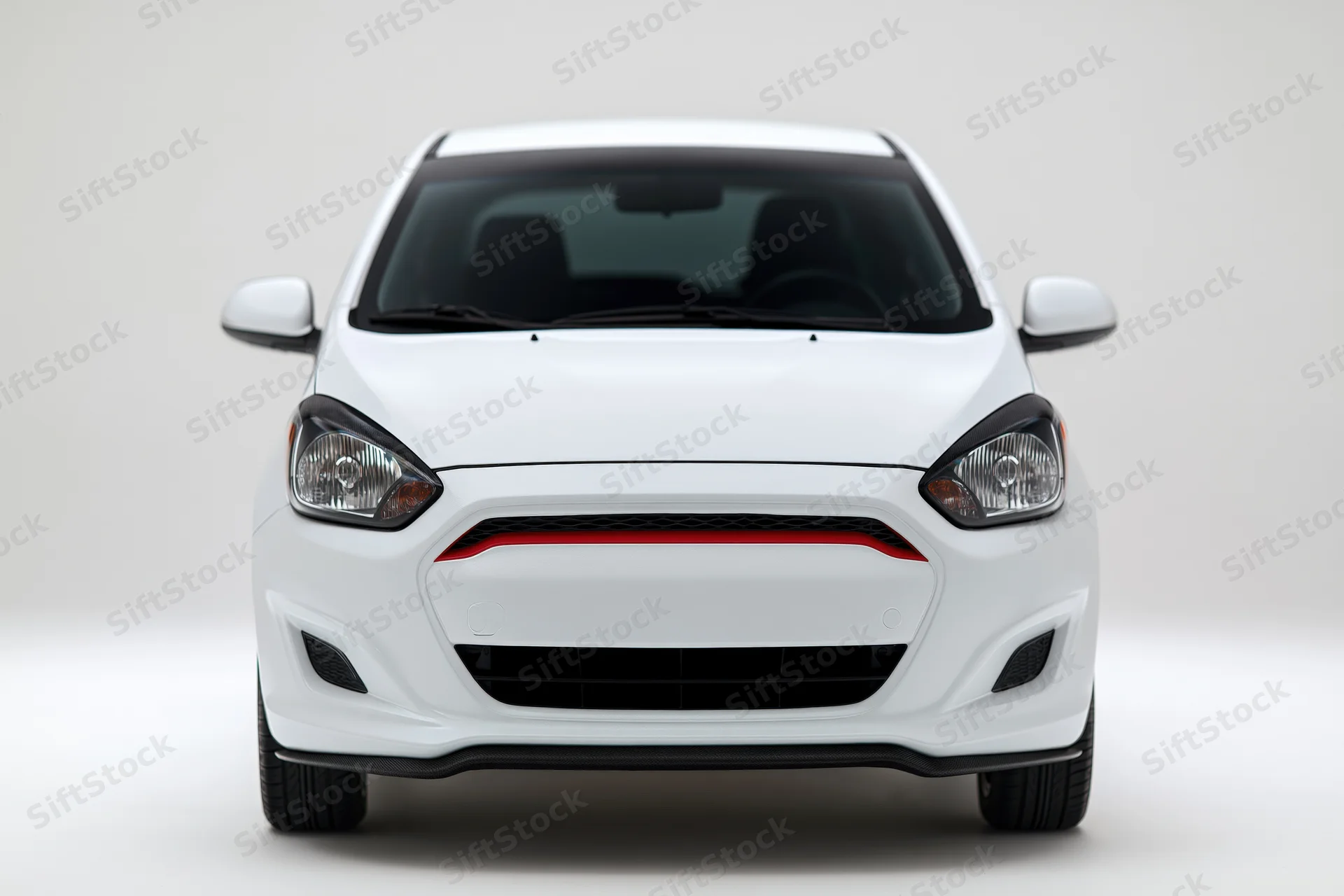 White compact hatchback viewed straight-on in studio setting