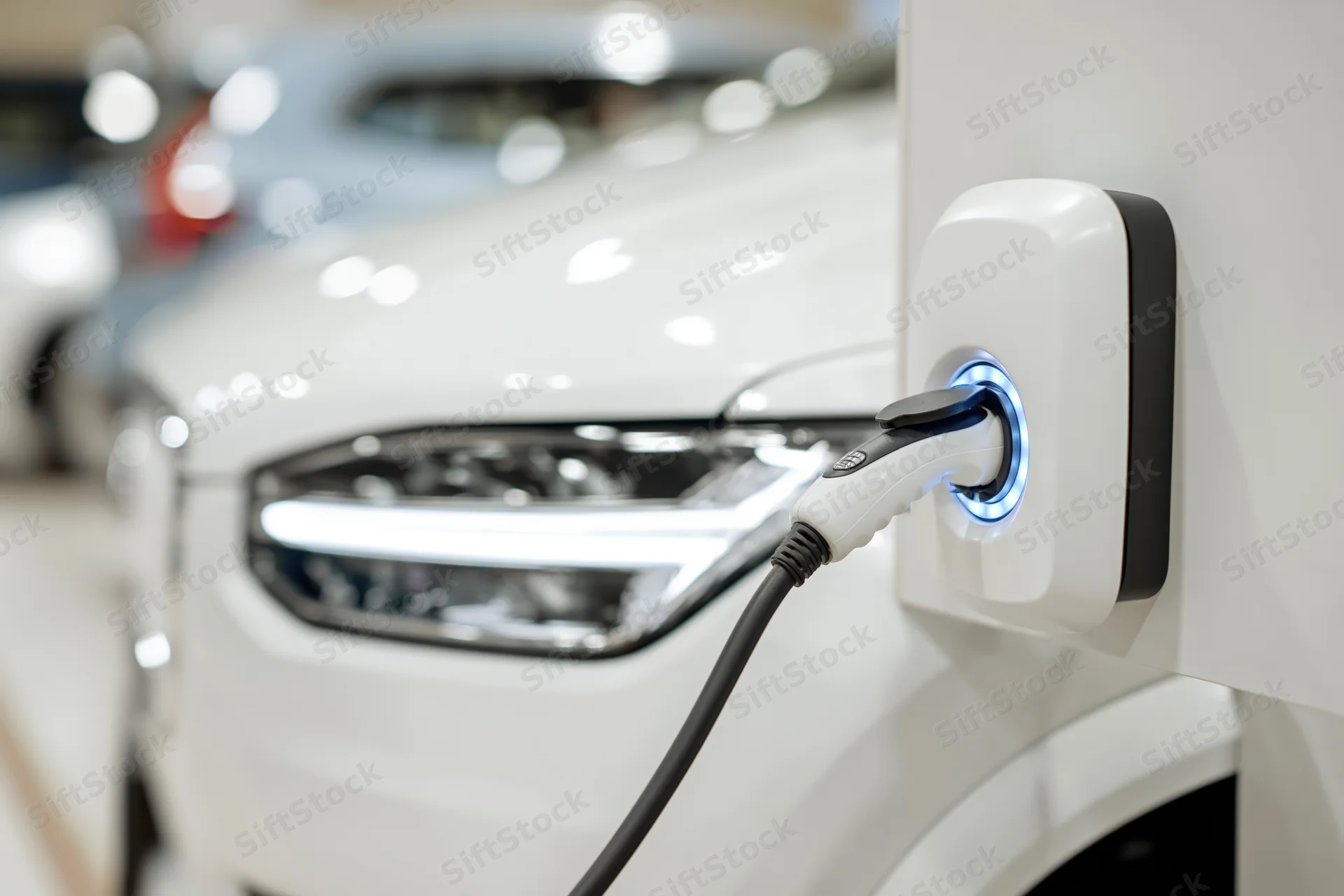 White electric suv charging at wall-mounted station in showroom