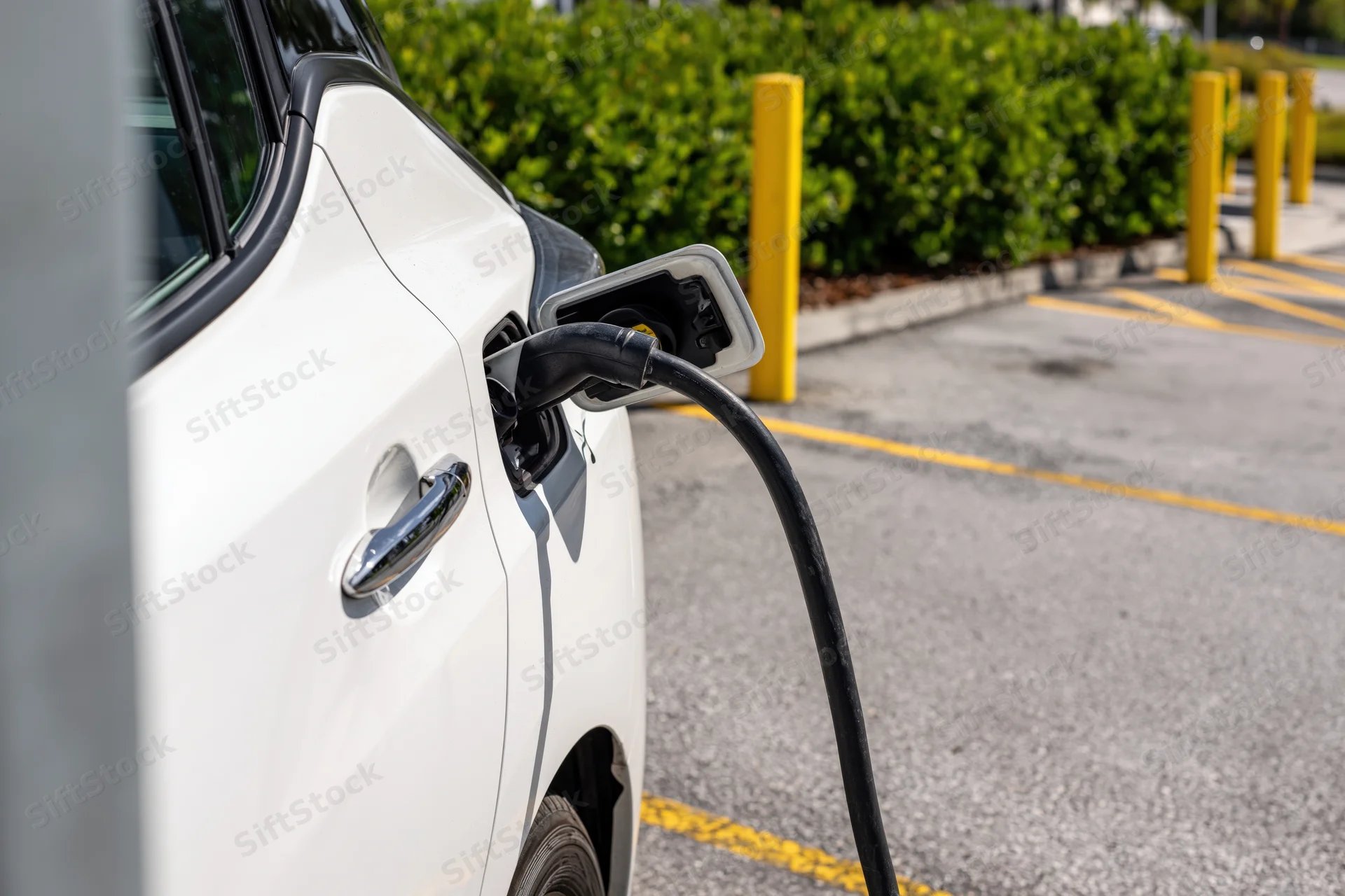 White electric car charging at public station in parking lot