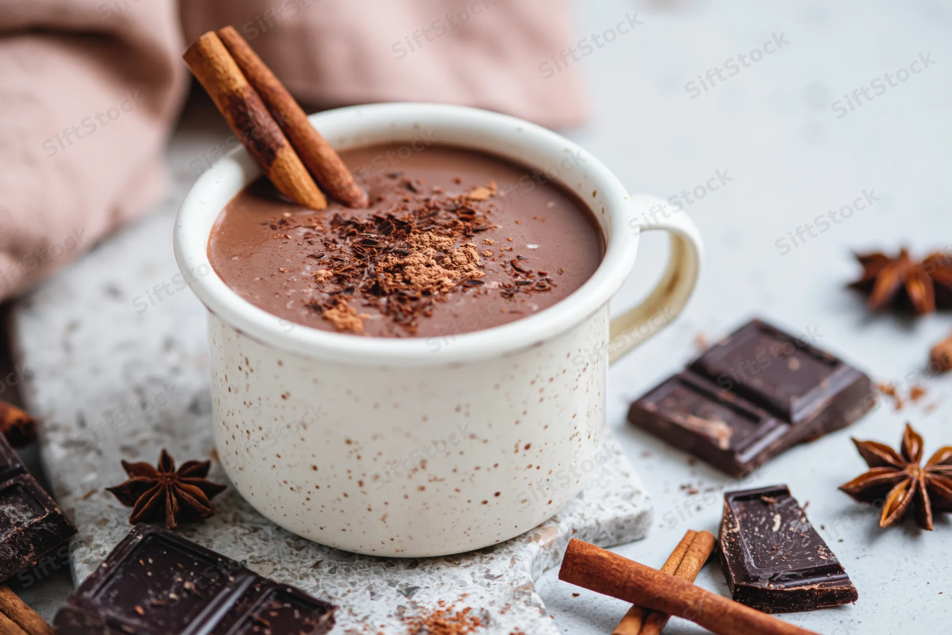 White speckled enamel mug filled with hot chocolate topped with cinnamon and cocoa powder on stone surface surrounded by chocolate pieces and star anise