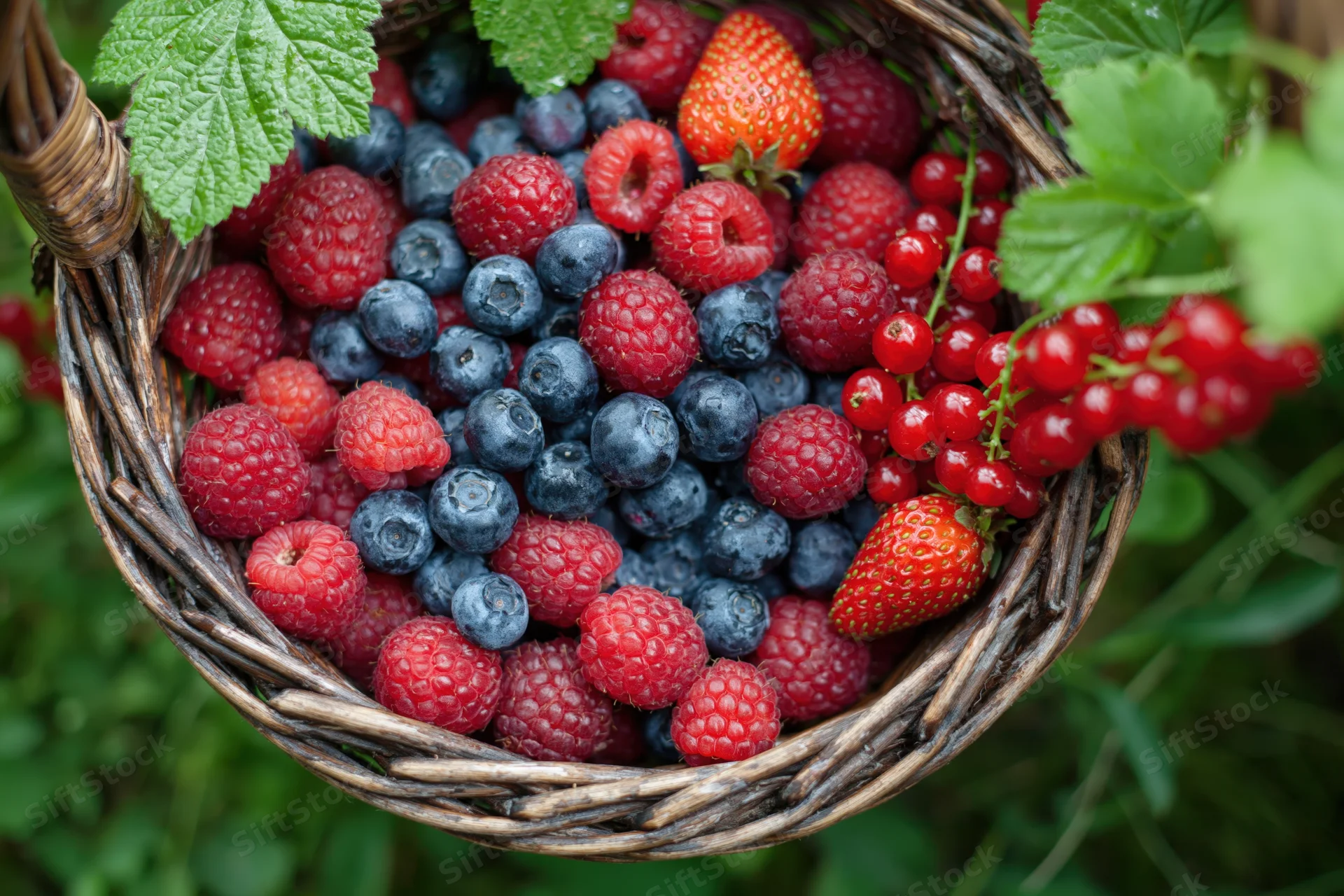 Wicker basket overflowing with fresh raspberries blueberries strawberries and redcurrants in a garden setting