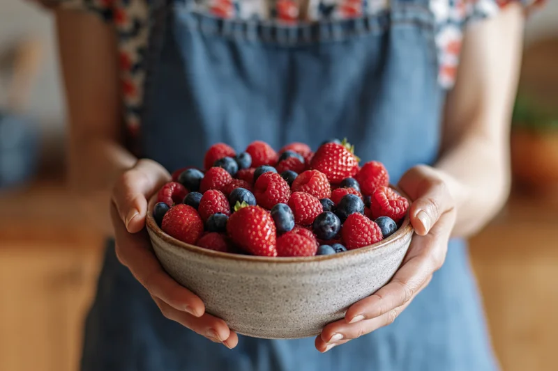 Woman holding a ceramic bowl filled with fresh strawberries, raspberries and blueberries in a kitchen setting