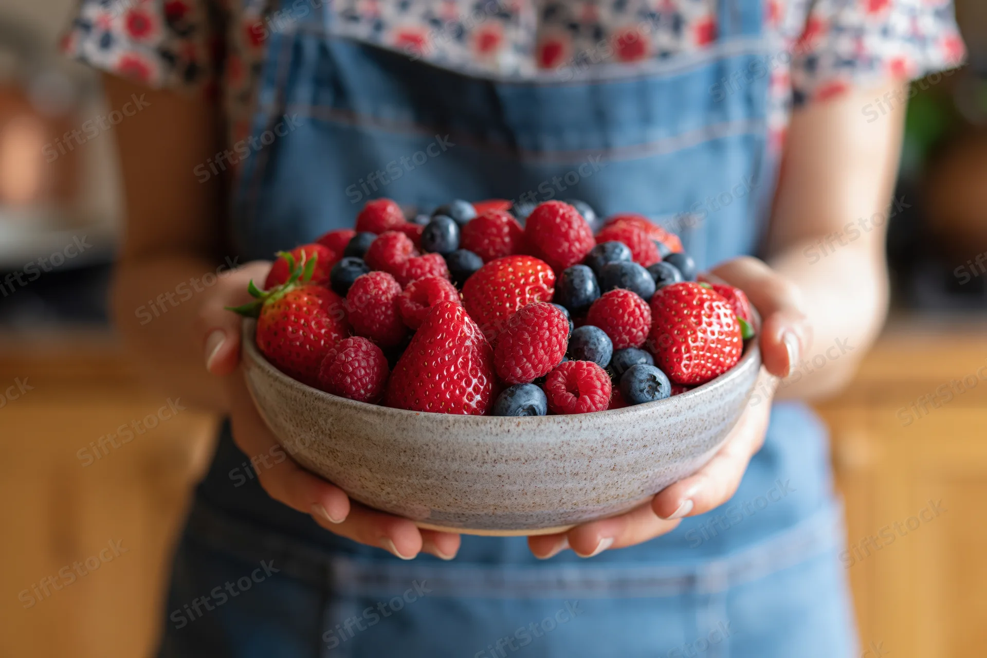 Woman holding a ceramic bowl filled with fresh strawberries, raspberries and blueberries in a kitchen