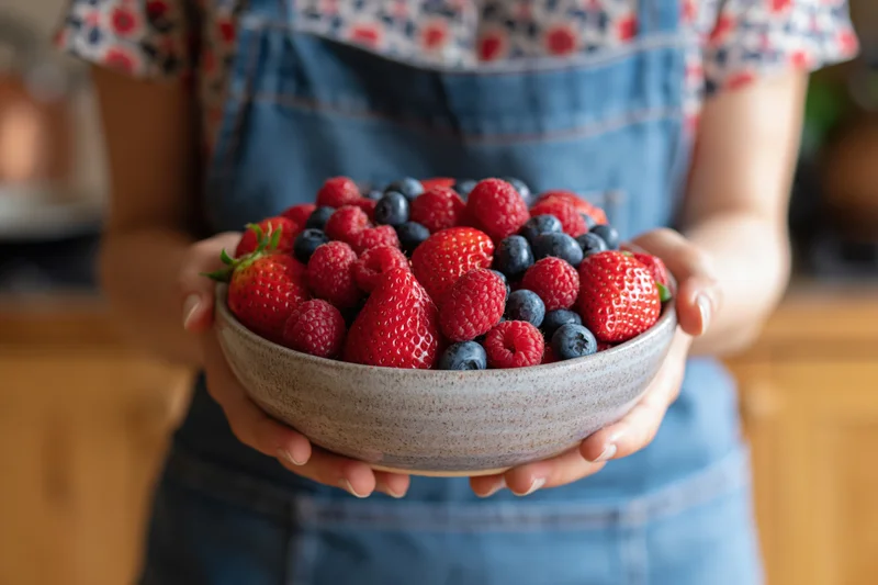 Woman holding a ceramic bowl filled with fresh strawberries, raspberries and blueberries in a kitchen