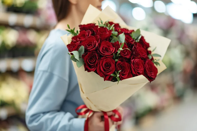 Woman holding a large bouquet of deep red roses wrapped in cream paper with red ribbon in a flower shop