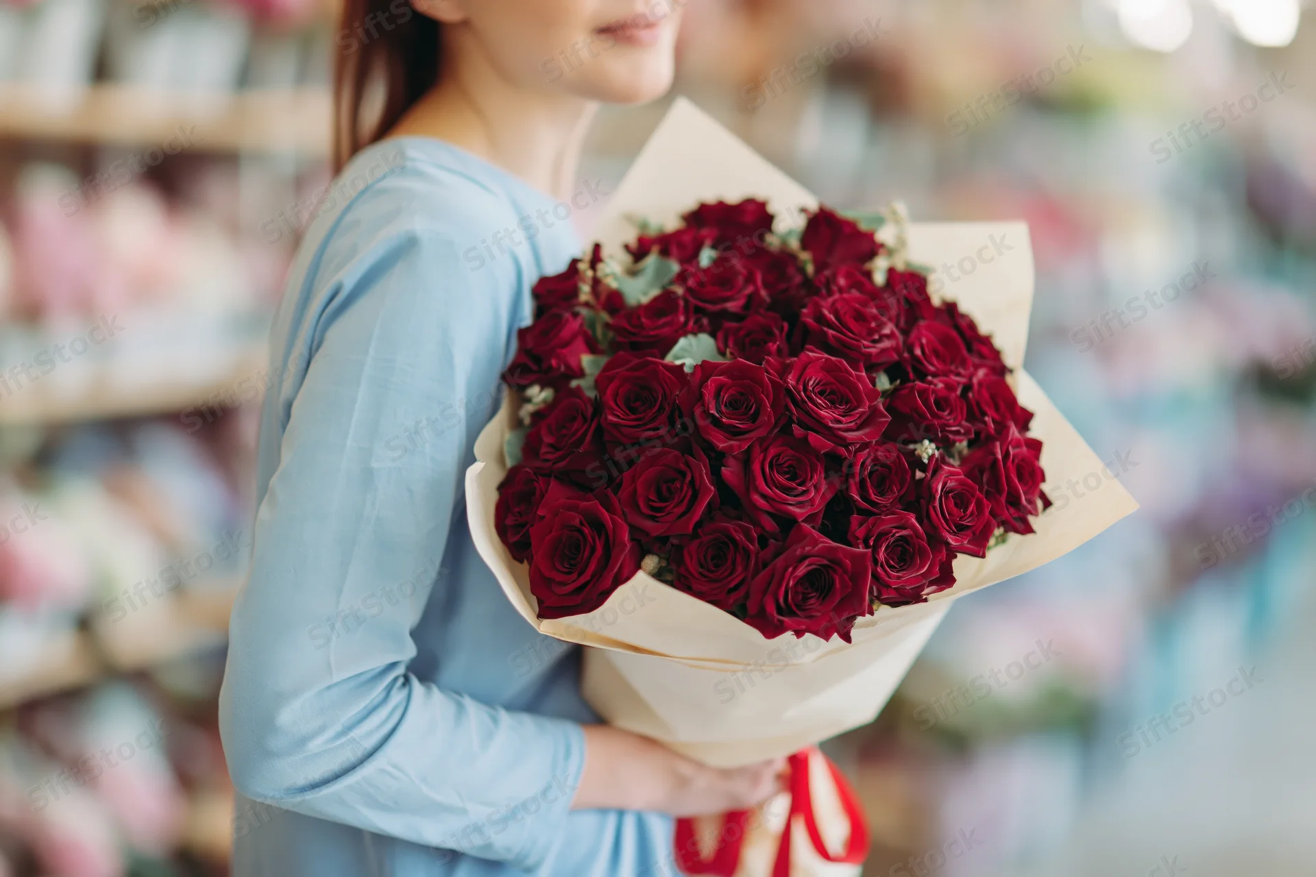 Woman holding large bouquet of deep red roses wrapped in paper in a flower shop