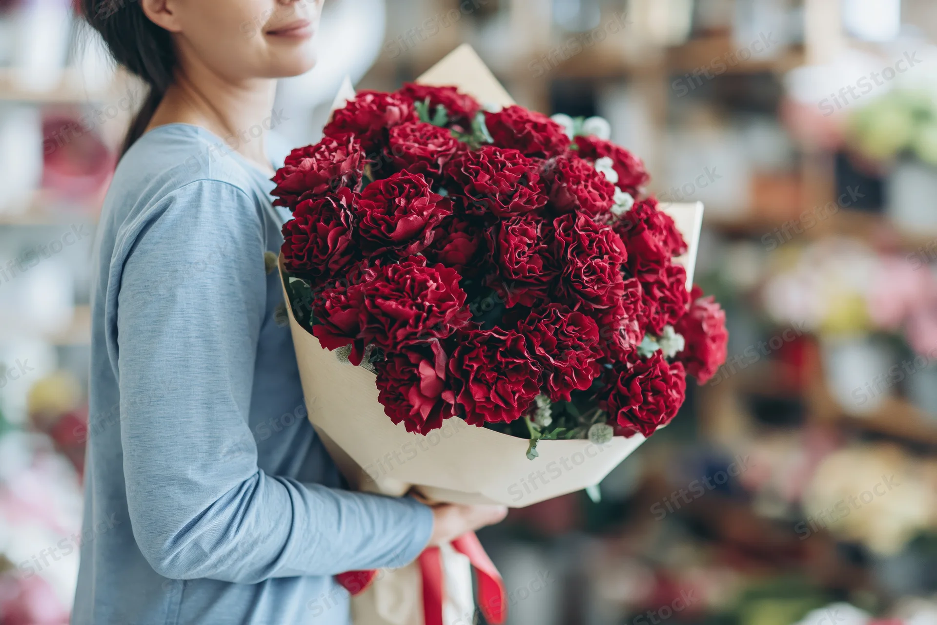 Woman holding large bouquet of deep red roses wrapped in paper in a flower shop