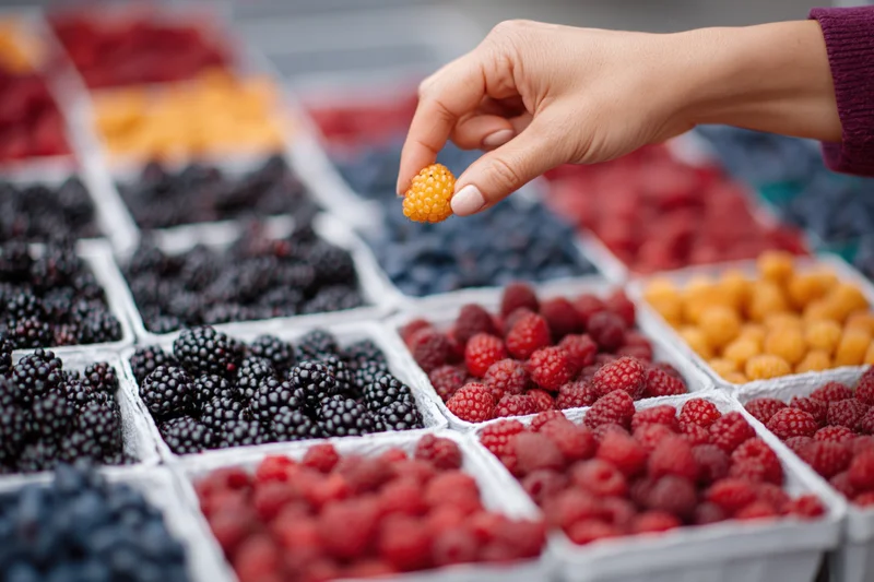 Woman's hand picking a golden raspberry from a display of assorted berries at a market