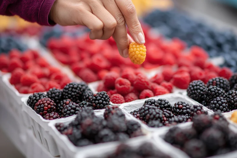 Woman's hand picking a golden raspberry from a tray of assorted berries at a market display